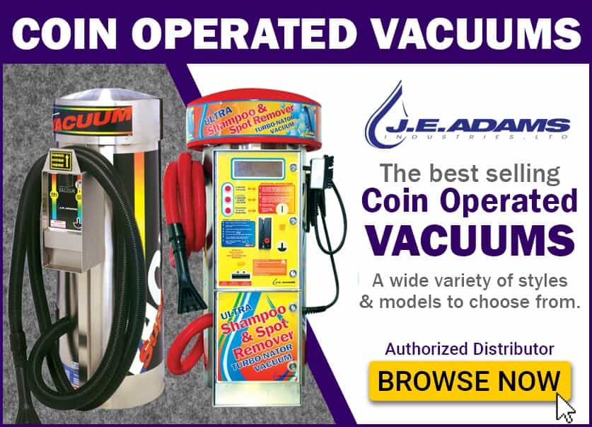 2 je adams canister vacuums with the je adams logo and text reading best-selling coin operated vacuums