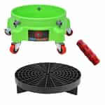 green bucket dolly, black grit grate, and a red bucket handle