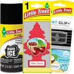 three different types of little trees air fresheners, including a hanging tree, spray can, and vent clips