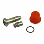 two metal bits, black rubber circle, and red cap