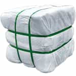 Bale wrapped in white plastic with green straps