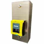 steel box with a yellow credit card reader installed
