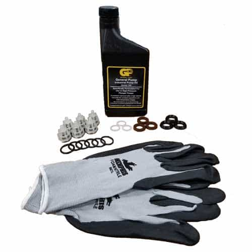 Bottle of oil, pair of gloves