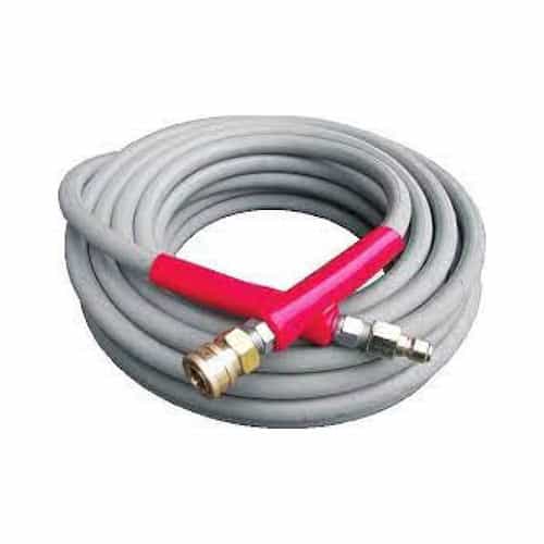 gray pressure wash hose assembly with red bend restrictors