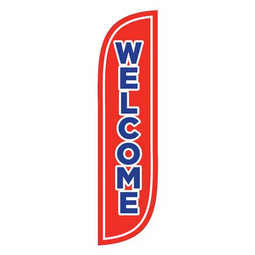 5 Foot Tall Red Car Wash Flag with Blue Welcome Lettering