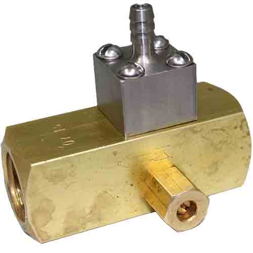 The Dema 204BS is a brass chemical injector with an SS metering knob. 3/8" ports, 5.7-19 GPM flow rate, 700 PSI.