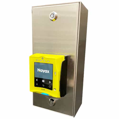 steel box with a yellow credit card reader installed