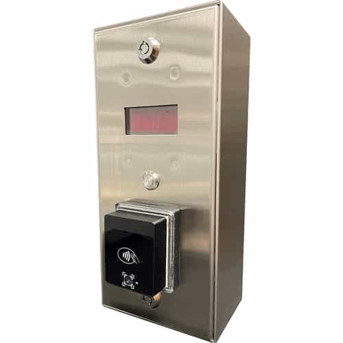 stainless steel rectangle box with credit card reader and timer display