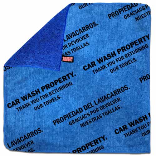 bilingual blue towel with car wash property printed text